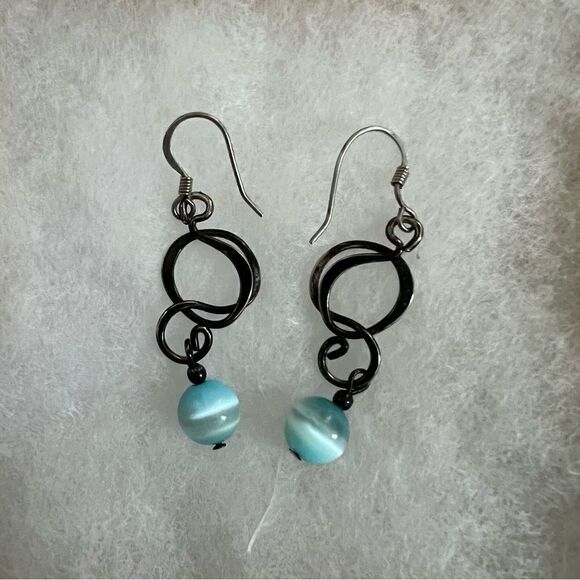 OOAK artisan dangle earrings with turquoise colored tigers eye sphere - Picture 1 of 2